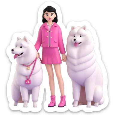 black-haired girl in pink Chanel style outfit with white Samoyed dog sticker