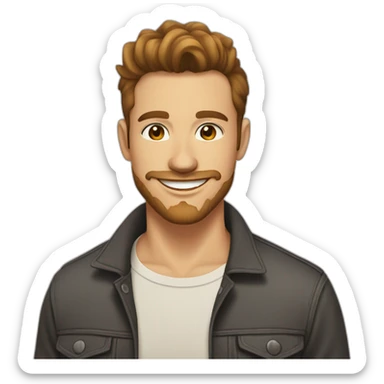 young man with short beard smiling medium long curvy rockabilly style brown hair with light skin sticker