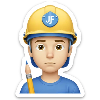 A boy with a blue helmet and a eye brow and a pencil in his nose and a yellow shirt with a word written jeffy  sticker
