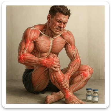 realistic and anatomical crossfit athlete with widespread joint problems (shoulders, elbows, knees, wrists), visible muscles and joints, painful expression, vials labeled 'Stanozololo' nearby, natural light, neutral background sticker