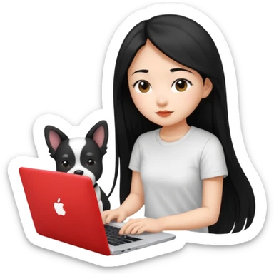Blue back ground, Asian girl with long black hair , wearing a white t-shirt, working on an Apple laptop, next to her is a small black and white dog sticker