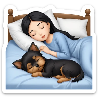 pretty asian girl with black hair sleeping in bed with yorkshire terrier sticker