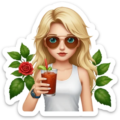 girl with long blond messy hair
with blue eyes
and aviator sunglasses
wearing white tank top 
holding bloody mary
wearing (rose gold apple watch with forest green band) sticker