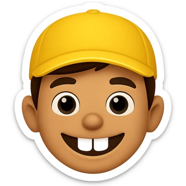 Edit the image of a schoolboy with big front teeth in the style of Apple emojis. Change the cap color to yellow. Keep the rest of the features consistent with the original Apple emoji style. No background, transparent background. sticker