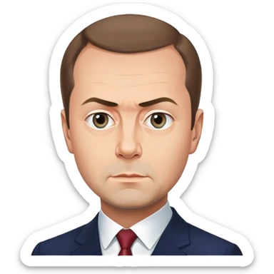 Dmitry Medvedev, round face, smooth finish, simplified but iconic facial traits including distinctive hair, eyebrows, eyes, mouth, serious expression, clean background sticker
