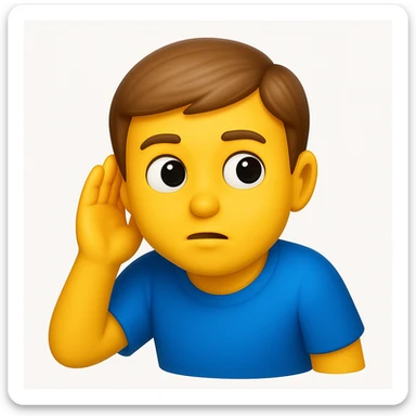 A 3D emoji in iOS emoji aesthetic style of a person wearing a blue t-shirt, holding one hand to their ear while leaning slightly forward as if trying to listen carefully, curious and attentive expression, glossy Apple

 sticker