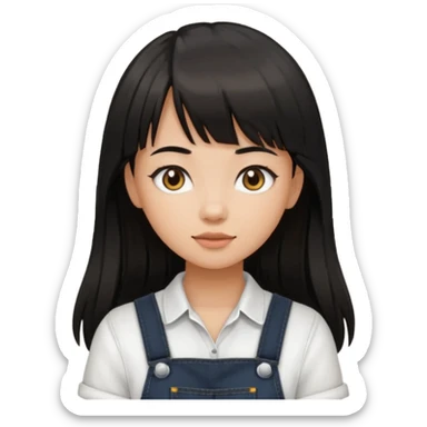 Make it a girl wil long hair like this and look like this  she has brown ish black hair and if has bangs with black overalls and a white shirt she’s not asian sticker