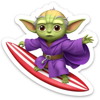 yoda in a purple robe flying in a rocket like surfing sticker