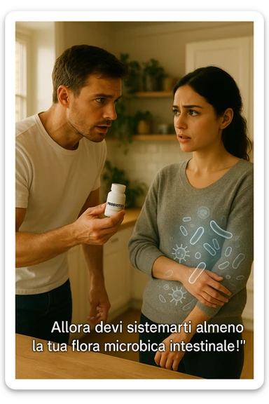 A hyper-realistic, cinematic photo of a young couple in their early 30s having a tense but calmer discussion in a bright modern kitchen. The man, fit, wearing a plain white T-shirt, holds a small probiotic supplement bottle in one hand, leaning slightly forward with a concerned yet firm expression, saying: 'Allora devi sistemarti almeno la tua flora microbica intestinale!' The woman, with dark hair in a loose ponytail, wearing a comfortable home sweater, stands with arms partially crossed, looking at him with a doubtful and confused expression, eyebrows slightly raised, lips parted as if about to respond but uncertain. Around them, faint translucent overlays of microscopic gut flora and bacteria symbols swirl softly near the woman’s abdomen, symbolizing the issue of her imbalanced gut microbiome. The kitchen is bathed in warm natural light, with green plants adding a sense of health and life, while the couple remains in sharp focus. The color palette is warm, with soft shadows and shallow depth of field highlighting the emotional tension yet care in the conversation, visually representing the discussion about gut health within the relationship sticker