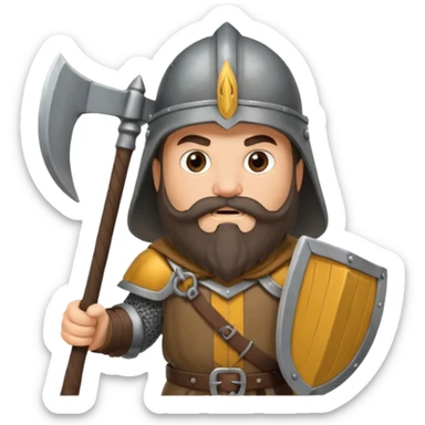 gimli lord of the rings with dark brown beard holding ax and a gray metal helmet sticker