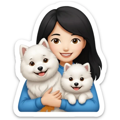 A black hair asian girl with a bright skintone holding a samoyed dog sticker
