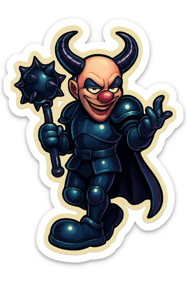 A sinister armored clown with no hair, ram horns pointing up, masculine and powerful build, glossy black on matte black armor, short cape, large black clown shoes, standing with legs crossed, one arm down holding an oversized spiked mace, the other hand gesturing with a clawed hand, eyes barely open, evil smile, vibrant retro stickers style, no yellow aged tint, full body, transparent background. sticker