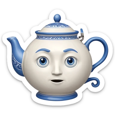 It is a large teapot with legs and a handle extending into an arm. It also has a face with wide-open blue eyes, the frowning like face. sticker