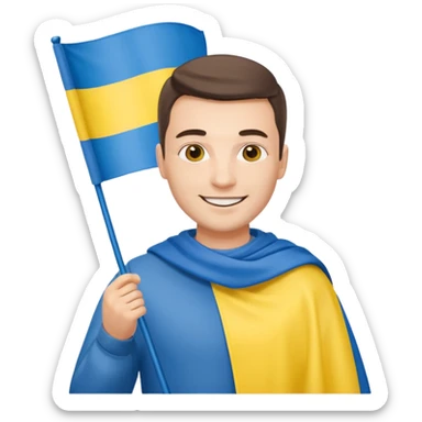 a Ukrainian man holding a Ukrainian flag sticker