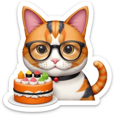 cat with cool square shaped glasses eating a birthday cake made out of sushi sticker