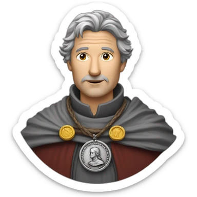 medieval coin engravers guild leader, 50 years old, grey hair, bust, has a necklace with a coin sticker