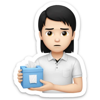 generate a pretty bratz boy with long black hair, wearing a white polo shirt. Looking sad, holding a box of tissues in right hand sticker