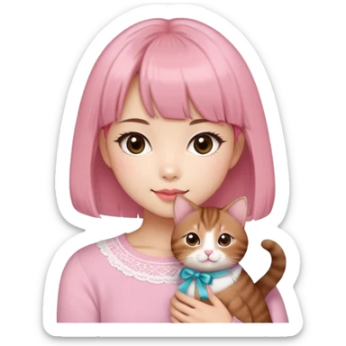 Cute East Asian girl, soft fair skin with blush on cheeks, big brown eyes with long lashes, natural pink lips, inward brown bob with straight bangs. Wearing a stylish pink knit top with ribbon details and subtle lace trim, holding a fluffy Abyssinian cat in arms, gentle smile, sticker