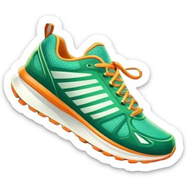 A dynamic icon featuring a pair of running shoes in motion on a scenic trail, surrounded by trees and mountains. The background shows a sunrise, symbolizing energy and passion for running. Transparent background enhances the focus on movement and the joy of outdoor jogging. sticker