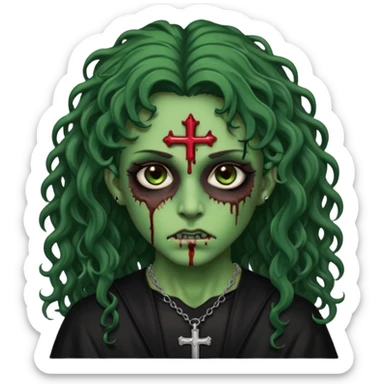 Zumbi verde com olhos castanhos aspecto de que tá sangrando, com cabelo castanho cacheado longo um piercing do lado esquerdo do nariz, roupa preta e crucifixo como colar, e também delineador  sticker