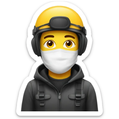 Youngman wearing safety ski mask, helmet safety and earplug sticker