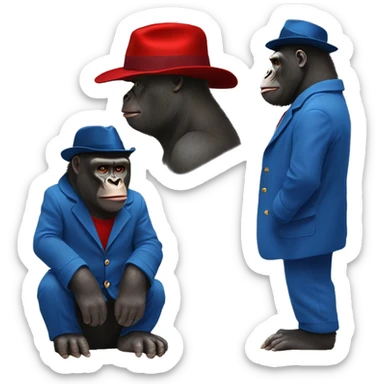 gorilla in paddington bear's  blue overcoat clothes and red hat, full body musular  sticker