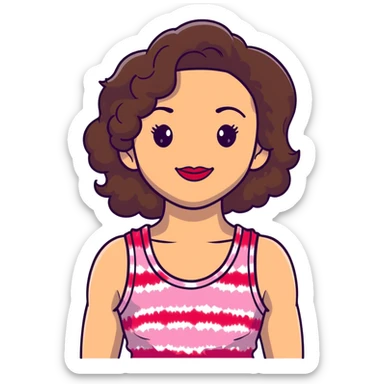 Artistic woman with fair skin, elongated face, abundant dark brown curly hair, large expressive almond brown eyes, full lips with soft red lipstick, wearing pink tie-dye tank top, maternal welcoming smile sticker