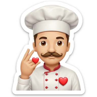 Mustachioed chef giving big emoji kiss to his pinched together fingertips hand with a heart emoji sticker
