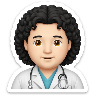 a young chubby male doctor with black long curly hair and cheerful face without gpasses sticker