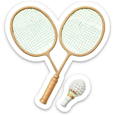 Two crossed badminton rackets with a shuttlecock resting in between, set against the faint outline of a badminton court. The image highlights the tools of the sport, with a subtle emphasis on the court's net and boundaries, symbolizing competition and skill. sticker