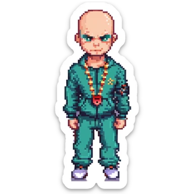 Pixel art thug in tracksuit, holding chain in Hand, bald head, angry expression, side view, retro arcade sprite
 sticker