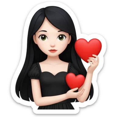 Pale girl with long black hair and black dress with holding black heart sticker