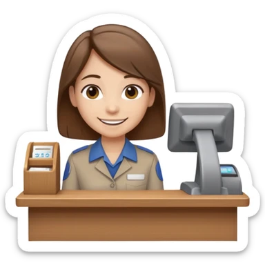 Gender-neutral cashier with shoulder-length hair, standing behind a cashier desk, smiling, wearing a neutral-colored uniform sticker