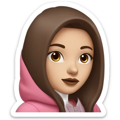 White women with long dark brown hair and long eyelashes dark brown eyes and pink cheeks with pink lips and thick dark brown eyebrows wearing a brown hoody sticker