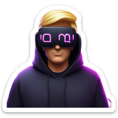 Donald Trump wearing a black hoodie with "OMG" letters on it and VR headset oculus quest 2 in a cyberpunk VR environment with violet neon lighting. sticker