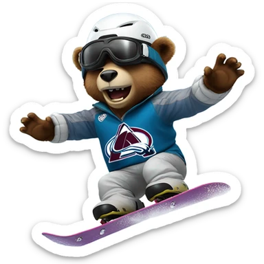 snowboarding bear with helmet and goggles in colorado avalanche jersey doing insane trick sticker