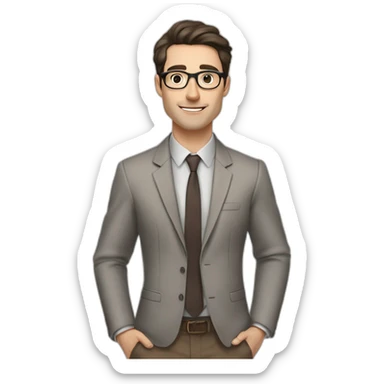 Pale skinned fit man with dark brown hair in gray jacket, beige office shirt, brown tie, brown pants and vintage glasses Writing text on the flipchart sticker