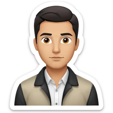 Handsome athletic Hispanic man with tan complexion, short black straight hair combed back with faded sides, square masculine face with defined jawline, neutral-friendly TV presenter expression, black jacket and white button-up shirt sticker
