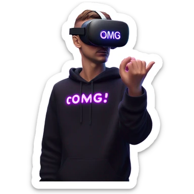 Russian man wearing a black hoodie with "OMG" letters on it and VR headset oculus quest 2 in a cyberpunk VR environment with violet neon lighting. Showing direction with hand sticker