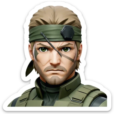 Cinematic Realistic Metal Gear Solid Snake Soldier Portrait, depicted with steely determination and tactical precision. Clad in intricately detailed combat attire in consistent muted greens, browns, and blacks, his rugged, weathered features and piercing eyes exude relentless resolve. Rendered with lifelike texture and dramatic, natural lighting, high shine, noble and stealthy, capturing the essence of a legendary soldier operating in the shadows. sticker