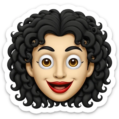 generate mask emoji with a big curly black hair 

black coloured  smiling lips and no teeth, long and pointy white nose with no nostrils, pitch black eyes with no pupils, no brows sticker