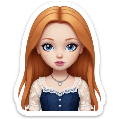 pretty bratz girl, ginger straight hair, freckles, dark blue eyes, pink lips, black eyeliner, pale skin, cute lace girly clothes sticker