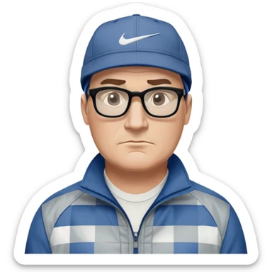 50-year-old heavyset man with very wide face and prominent square jawline. Short straight hair combed to the side, not balding, wearing a black Nike cap. Large dark square glasses. Serious-relaxed expression. Light gray jacket that fits his larger frame, white shirt with blue checkered pattern. sticker