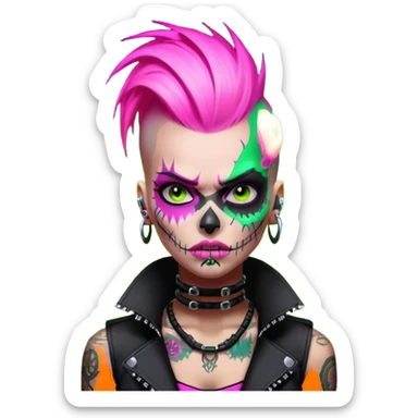 Cyberpunk female punk, pink mohawk, skull face tattoos, bionic neck, aggressive expression, neon green lighting sticker