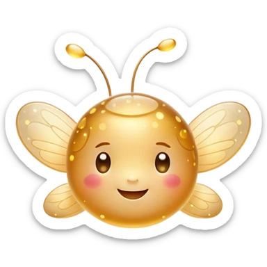 Cinematic tiny glowing firefly, round and chubby, soft golden light, tiny happy face, gentle floating motion, surrounded by dreamy sparkling dots. sticker