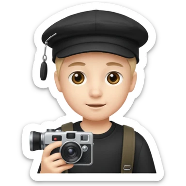 schoolboy with big front teeth wearing a black cap holding a camera in his hand sticker