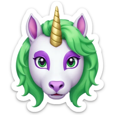 white furred unicorn with green hair and big purple earrings looking into camera and big horn and big earrings sticker