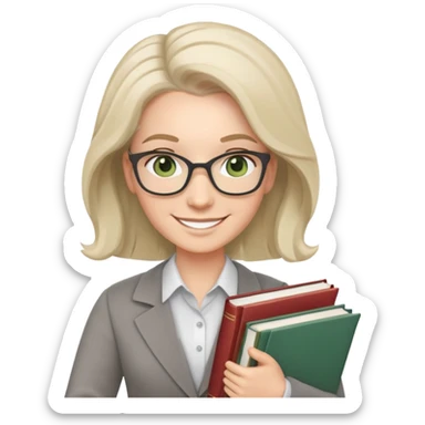 smiling English teacher with airtouch hair and grey-green eyes holding books and teaching materials sticker