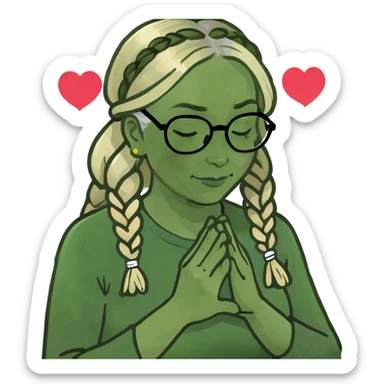 Blond middle aged woman with reading glasses and long blond braids praying, and with heart in her mind sticker
