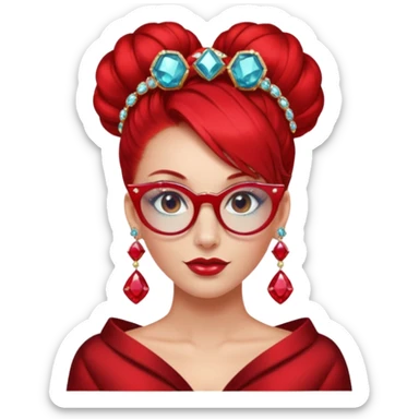gem lover woman with gem accessories excessive amount gem glassess very big gem earrings red bun hair and red diamonds sticker